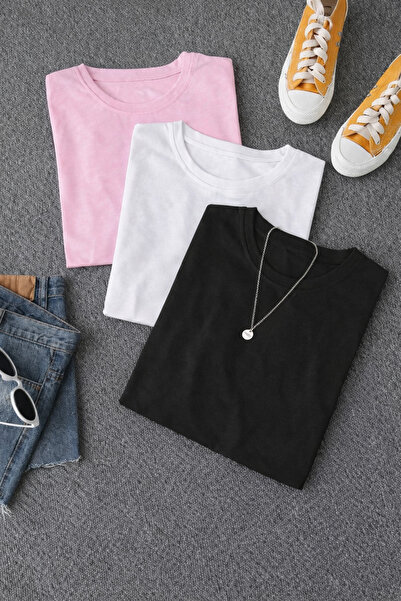 SANTAMİLA Σετ 3 τεμαχίων Ροζ Λευκό Μαύρο Απλό T-shirt