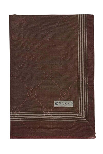 Vakko Cotton Silk Shawl - Monogram with Border - Crimson Brown