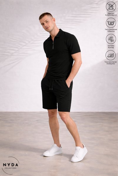 Nyda Collections Men's Vorteks Fabric Short Sleeve Zipper Polo Collar T-Shirt and Elastic Waist Tie Shorts Set with Pockets