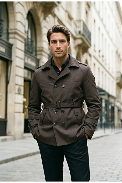 Mero Life Ανδρική εποχιακή καμπαρντίνα με διπλό στήθος και επένδυση - Καφέ