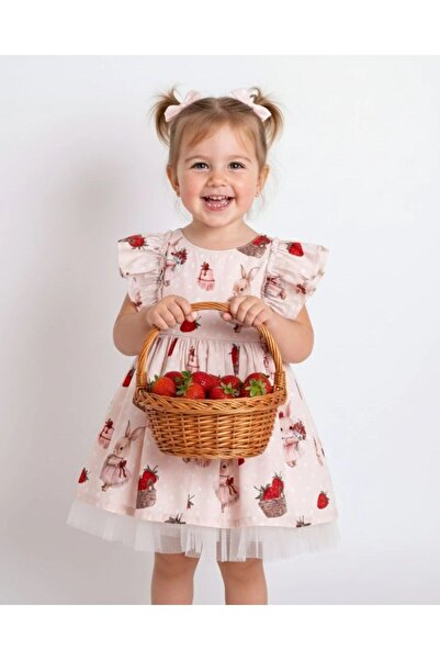 Sweet Luna Çilek ve Tavşan Baskılı Elbise