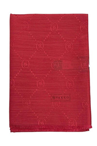 Vakko Cotton Silk Shawl - Monogram - Red
