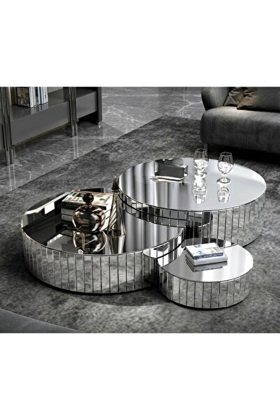 LUXURY VİLLA LUXURY KOMPLE GÜMÜŞ AYNALI DEKORATIF ORTA SEHPA SETİ ÇAP BÜYÜK 8...