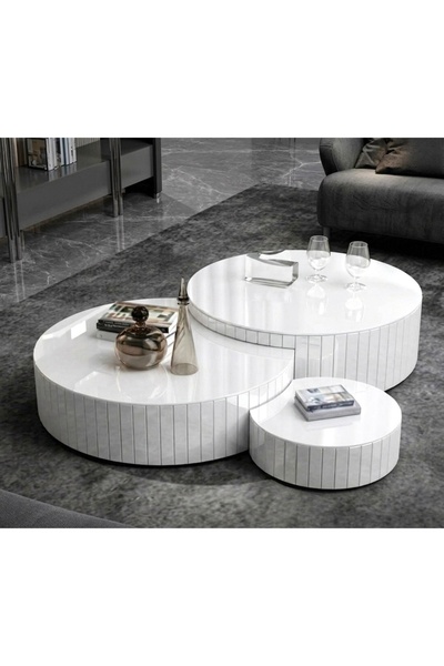 LUXURY VİLLA LUXURY KOMPLE BEYAZ CAMLI ORTA SEHPA SETI ÇAP BÜYÜK 85 × 85 KÜÇÜ...