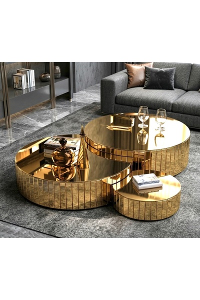 LUXURY VİLLA LUXURY KOMPLE GOLD AYNALI DEKORATIF ORTA SEHPA SETI ÇAP BÜYÜK 85...