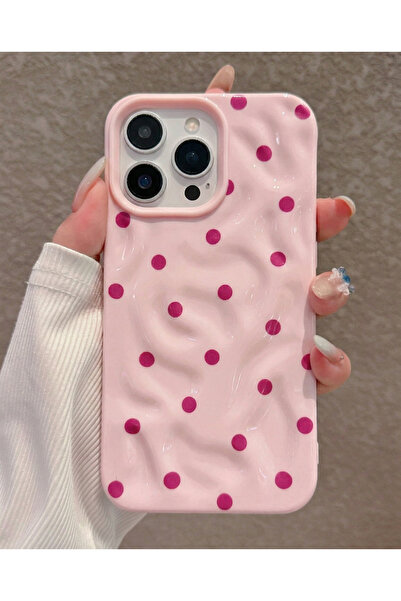 KVK PRİVACY iPhone 15 Pro Max Dalgalı Desenli Pembe Puantiyeli Silikon Kılıf ...