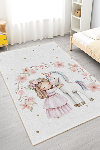 Home Unicorn Desenli Pembe Çiçekli Yıkanabilir Kaymaz Taban Çocuk Odası Halısı