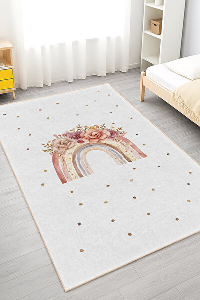 Home Renkli Gökkuşağı ve Çiçek Desenli Kaymaz Taban Çocuk Odası Halısı