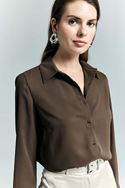 Sateen Απλό Κλασικό Πουκάμισο - Καφέ