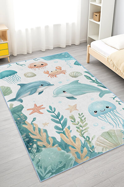 Home Deniz Temalı Dolphin Ve Deniz Canlıları Desenli Yıkanabilir Kaymaz Taban...