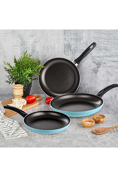 Mehtap 3'lü Teflon Tava Seti Günlük Kullanım Tavası 18cm + 22cm + 26cm Turkuaz Mavi Yeşil