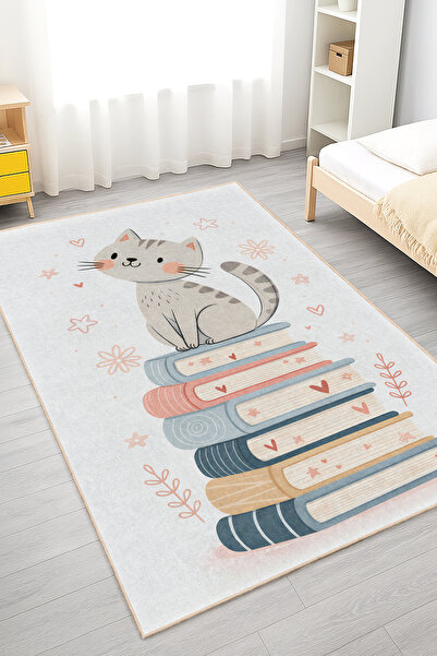Home Sevimli Kedi ve Kalp Desenli Yıkanabilir Kaymaz Taban Çocuk Odası Halısı