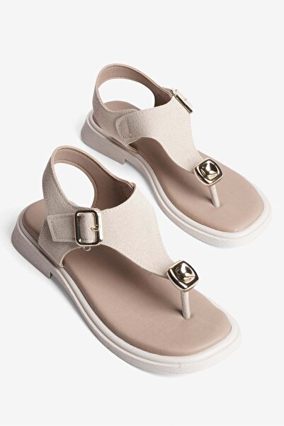 Mubiano Γυναικεία σουέτ σανδάλια σαγιονάρας με αγκράφα και χρυσή λεπτομέρεια ...