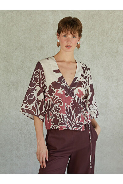LC Waikiki Pink Double Breasted Collar Floral Women's Kimono