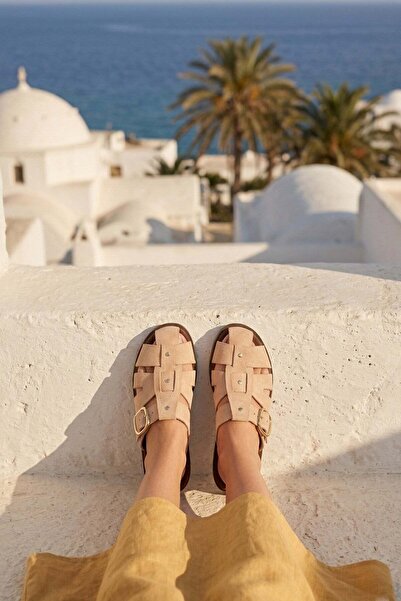 Modezya Γυναικείες παντόφλες Jasmine Beige Suede με λεπτομέρεια Troc, οβάλ μύ...