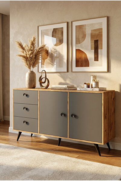 Yurudesign Vilamo Konsol Ahşap Ayak, 3Çekmece,2Kapak, Çam-Antrasit-Siyah VL9-222