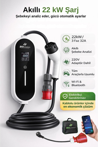 BIGstation 22kW Taşınabilir Akıllı EV AC Şarj Cihazı Wi-Fi Destekli 5 Metre K...
