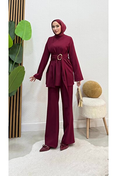 modasusev Μοντέρνο Σετ Τεσεττίρ με Ζώνη και Κομψή Κοπή, Διπλό Σετ