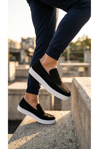 VELLINA Erkek Siyah Süet Casual Bağcıksız Loafer Klasik Günlük Beyaz Taban Ha...