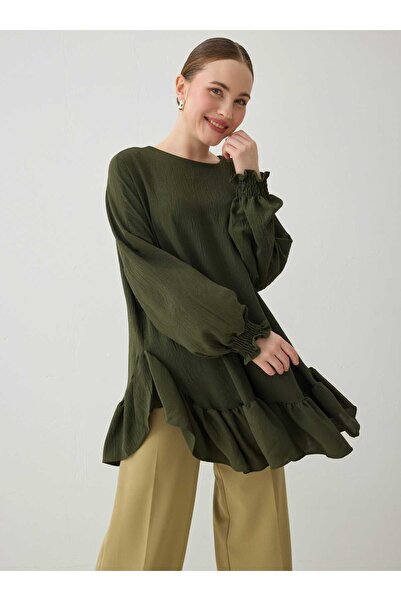 Benin Tunica cu decolteu rotund cu detaliu volanat la tivul - Kaki -