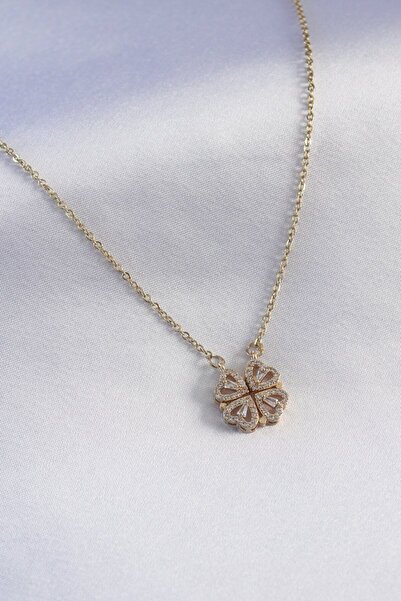 Skygo 316L Steel Gold Color Openable Zircon Stone Clover Model Women's Neckla...