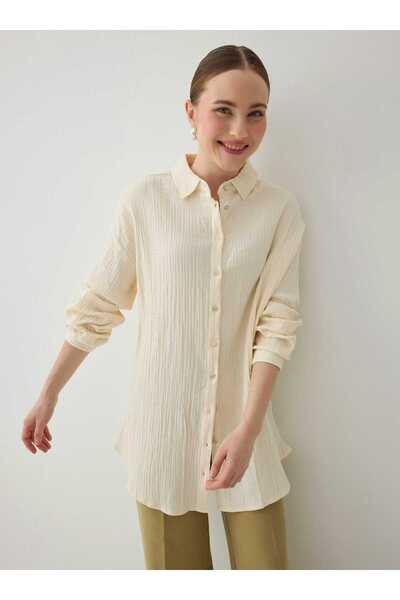 Benin Cotton Muslin Fabric Buttoned Blouse / Shirt - Beige -