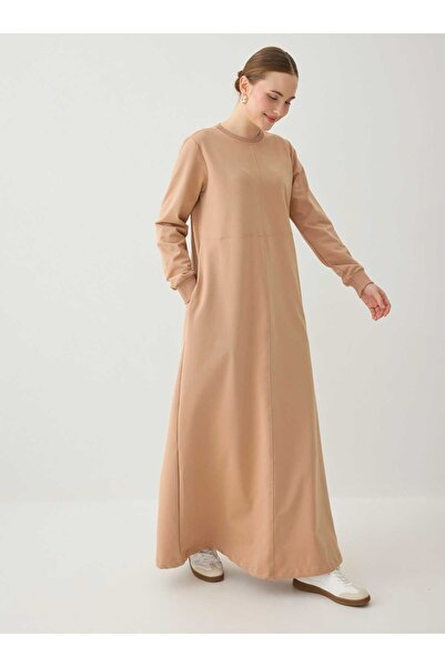 Benin Rochie Tesettür de bază cu detaliu buzunar - Crem închis -