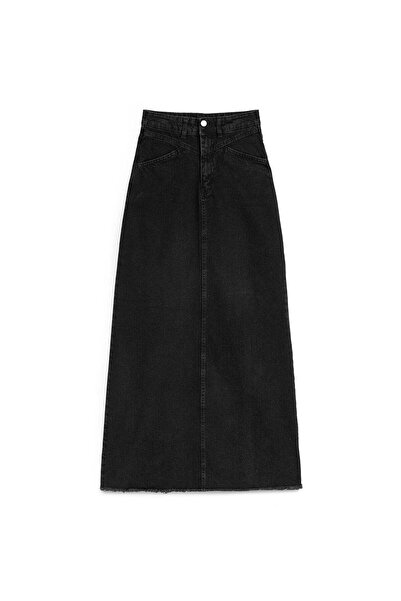 praye Ανθρακί Μακριά Τζιν Φούστα - Φούντες