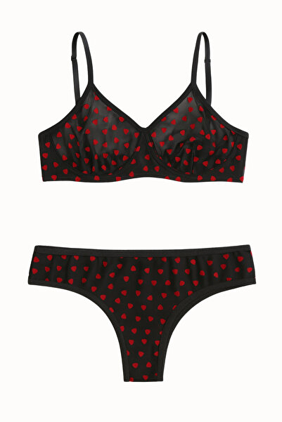 LİBELLA İÇ GİYİM Γυναικείο Σετ Εσωρούχων με Μαύρο Κόκκινο Σχέδιο Καρδιάς, Δια...