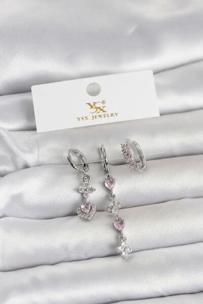 Generic Brand Brass Silver Color Pink Zircon Stone 3-Piece Women's Earrings T...