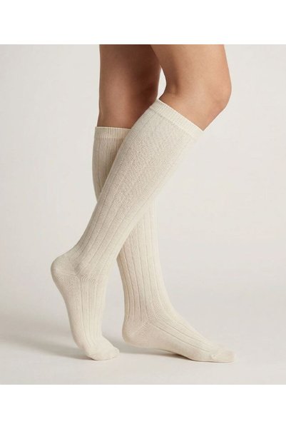 Bross Plain Women's 3-Piece Knee-Length Socks Ecru