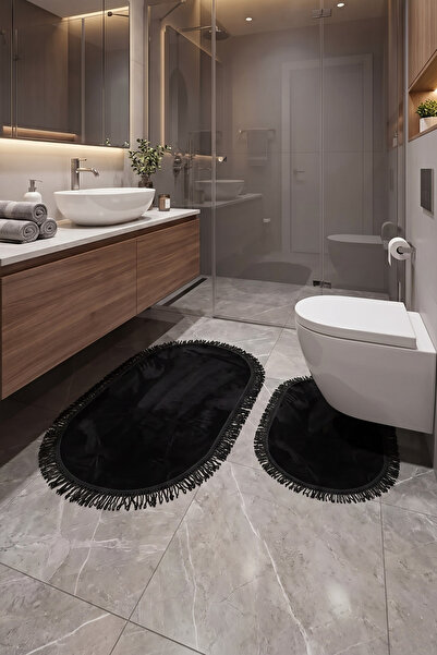 MK HOMETEKS Siyah Oval Banyo Paspas Takımı 2’li Püsküllü Kaymaz Taban Büyük B...
