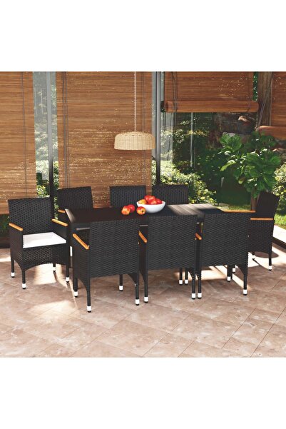 vidaxl 9 Piece Garden Dining Set with Cushions Poly Rattan Black