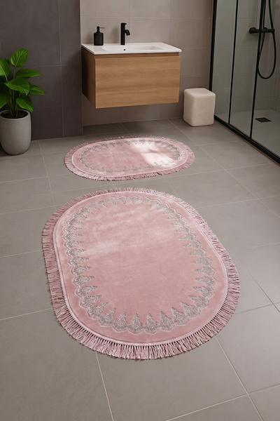 MK HOMETEKS Pudra Oval Peluş Banyo Paspas Takımı 2’li Dantelli Püsküllü Kayma...