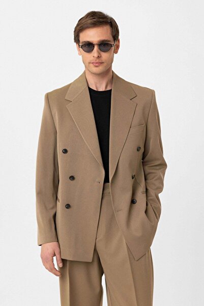 Antioch Camel Relax Fit Kruvaze Erkek Blazer Ceket