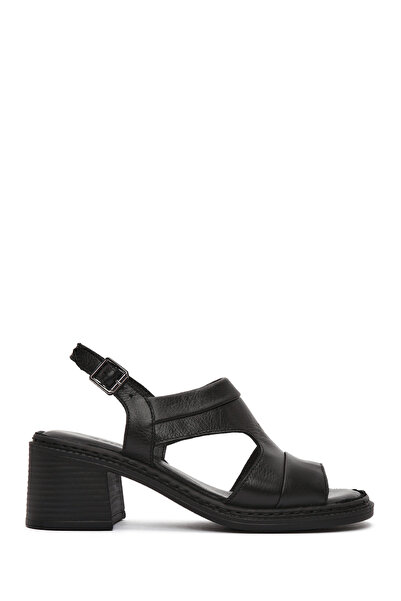 Derimod Γυναικεία μαύρα δερμάτινα σανδάλια με λουράκι στον αστράγαλο και χοντ...