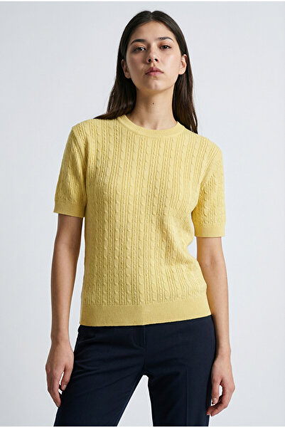 MODASPARK Κίτρινο κοντομάνικο γυναικείο φούτερ με λαιμόκοψη εφαρμοστό