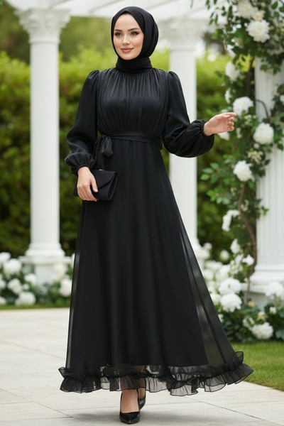 N.S NEVA STYLE فستان سهرة أسود بأكمام بالون وتصميم إسلامي 6278S