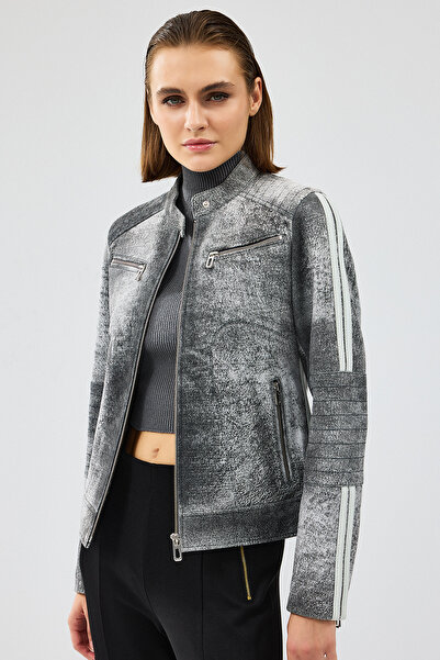 Derimod Αθλητικό γυναικείο γκρι κοντό δερμάτινο αθλητικό μπουφάν 24WGD5227WB