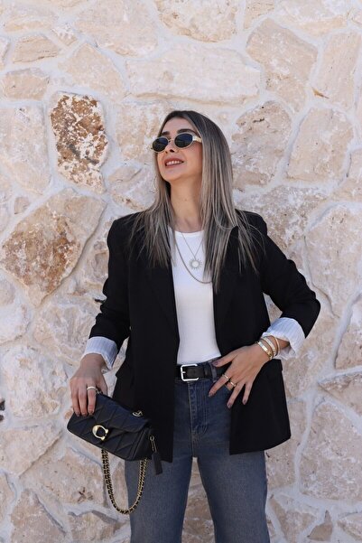 bytugcekaya Μαύρο λινό μπλέιζερ με ριγέ επένδυση