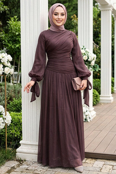 N.S NEVA STYLE Βραδινό φόρεμα Hijab Καφέ με λεπτομέρεια κουρτίνας 53631KH
