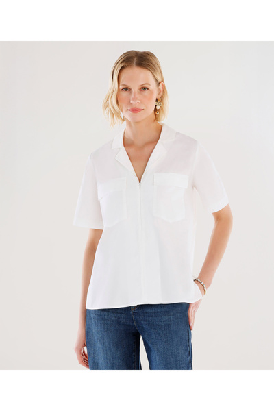 Zipper Front Short Sleeve Blouse