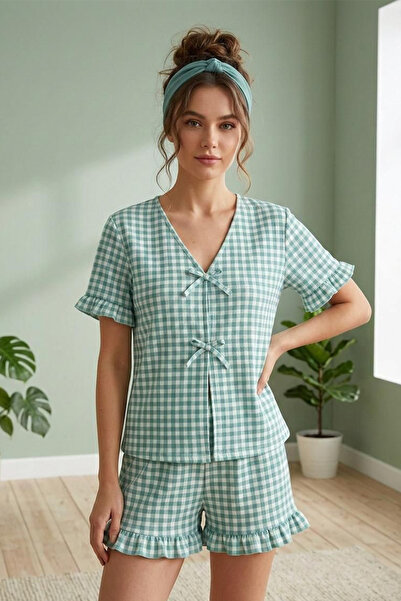 FİT WOMEN SET DE PIJAMALE CU FERMOAR, DETALII CU VOLANE ȘI BĂRȘITURI, CU ȘORT...