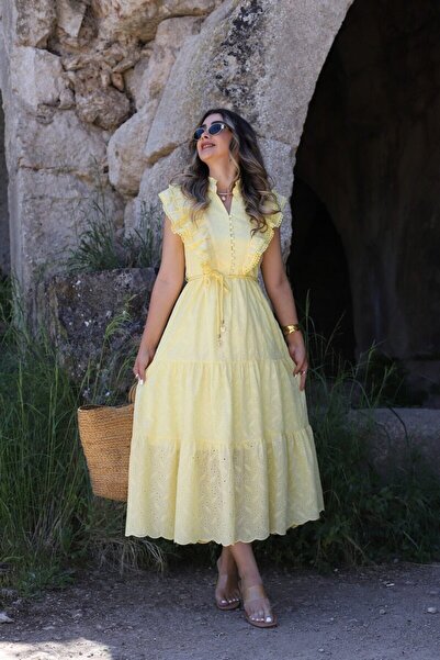 bytugcekaya Κίτρινο φόρεμα με βολάν με μηδενικό μανίκι