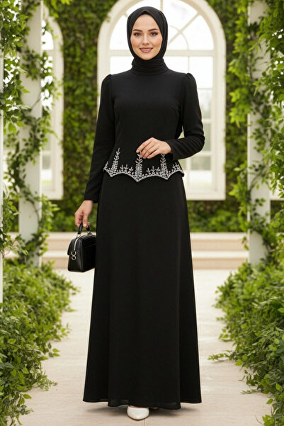 N.S NEVA STYLE Μαύρο Φόρεμα Τεσεττούρ με Λεπτομέρειες από Χάντρες 54191S