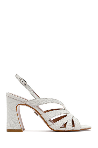 Derimod Women's Cream Ankle Buckle Patterned Thick Heeled Shoes Genuine Leath...