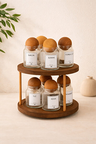 KaiHome Ahşap Döner Standlı 8li Ahşap Top Kapaklı Etiketli Baharatlık Seti