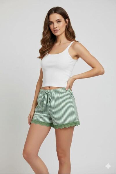 Mestore Striped Combed Cotton Women's Home Shorts Leg Lace Detailed Home Wear...