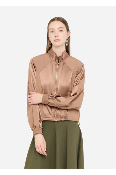 liu.jo Γυναικείο άνετο σατέν μπουφάν με ψηλό γιακά και μακριά μανίκια σε καφέ...