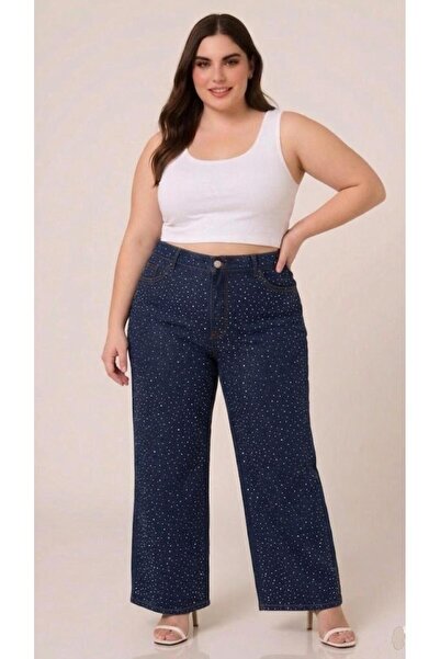 FİVA JEANS Plus Size Premium Wide Leg Pants with Spliced Stones - Dark Denim ...